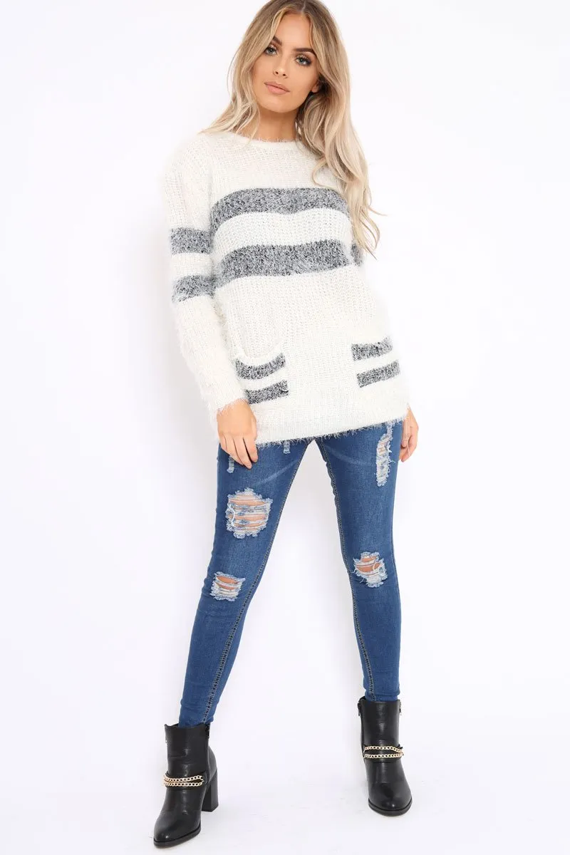 Cream Fur Knit Wide Stripe Jumper Dress - Keeley