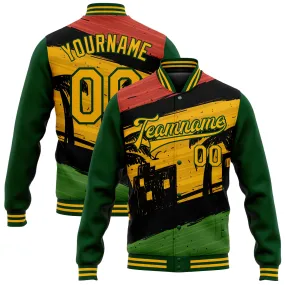 Custom Black Gold-Green Black History Month 3D Pattern Design Bomber Full-Snap Varsity Letterman Jacket