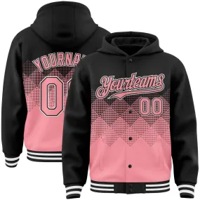 Custom Black Medium Pink-White Gradient Square Shape 3D Pattern Design Bomber Full-Snap Varsity Letterman Hoodie Jacket