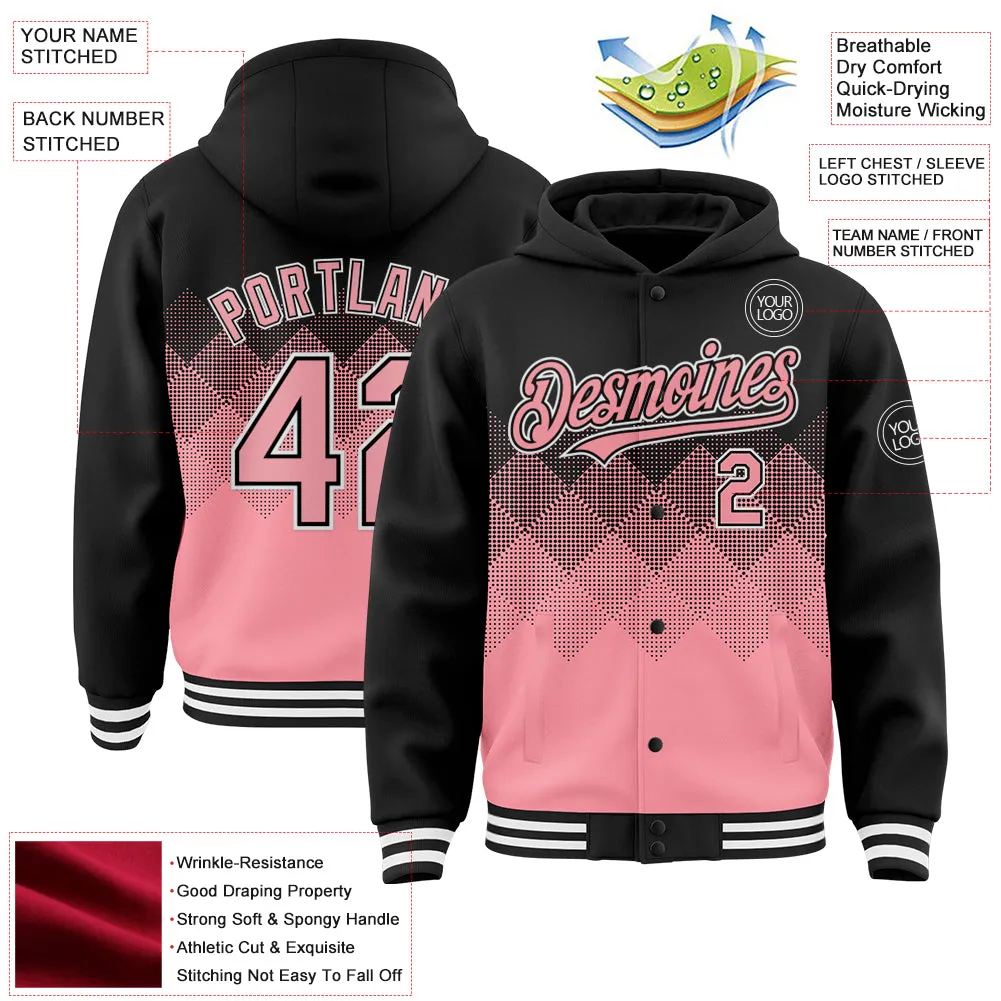 Custom Black Medium Pink-White Gradient Square Shape 3D Pattern Design Bomber Full-Snap Varsity Letterman Hoodie Jacket