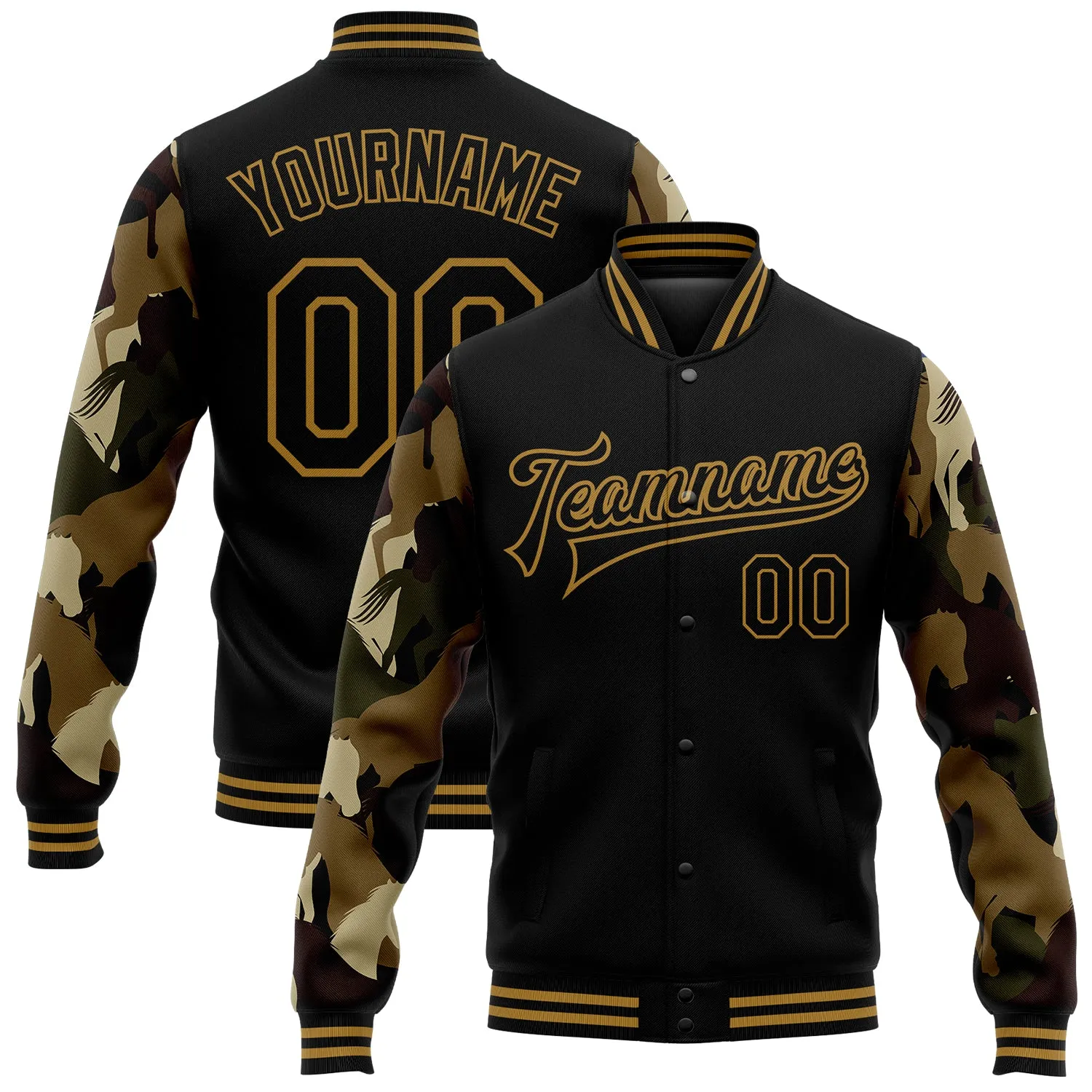 Custom Black Old Gold Horse Camo Sleeves 3D Pattern Design Bomber Full-Snap Varsity Letterman Jacket