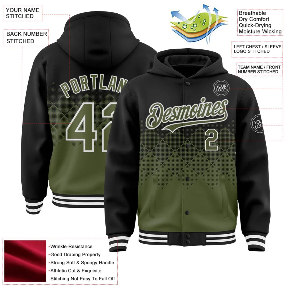 Custom Black Olive-White Gradient Square Shape 3D Pattern Design Bomber Full-Snap Varsity Letterman Hoodie Jacket