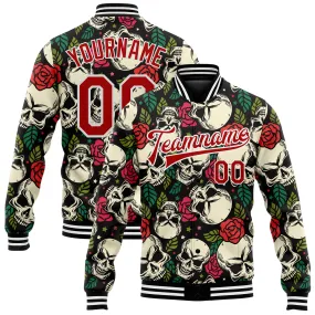 Custom Black Red-White Skull And Rose 3D Bomber Full-Snap Varsity Letterman Jacket