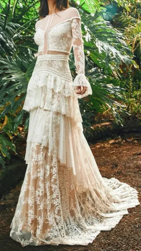 Custom Boho Victorian Inspired Lace A Line Wedding Gown All Sizes/Colors