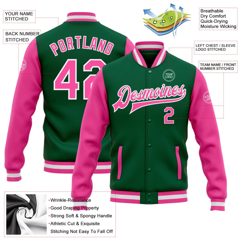 Custom Kelly Green Pink-White Bomber Full-Snap Varsity Letterman Two Tone Jacket