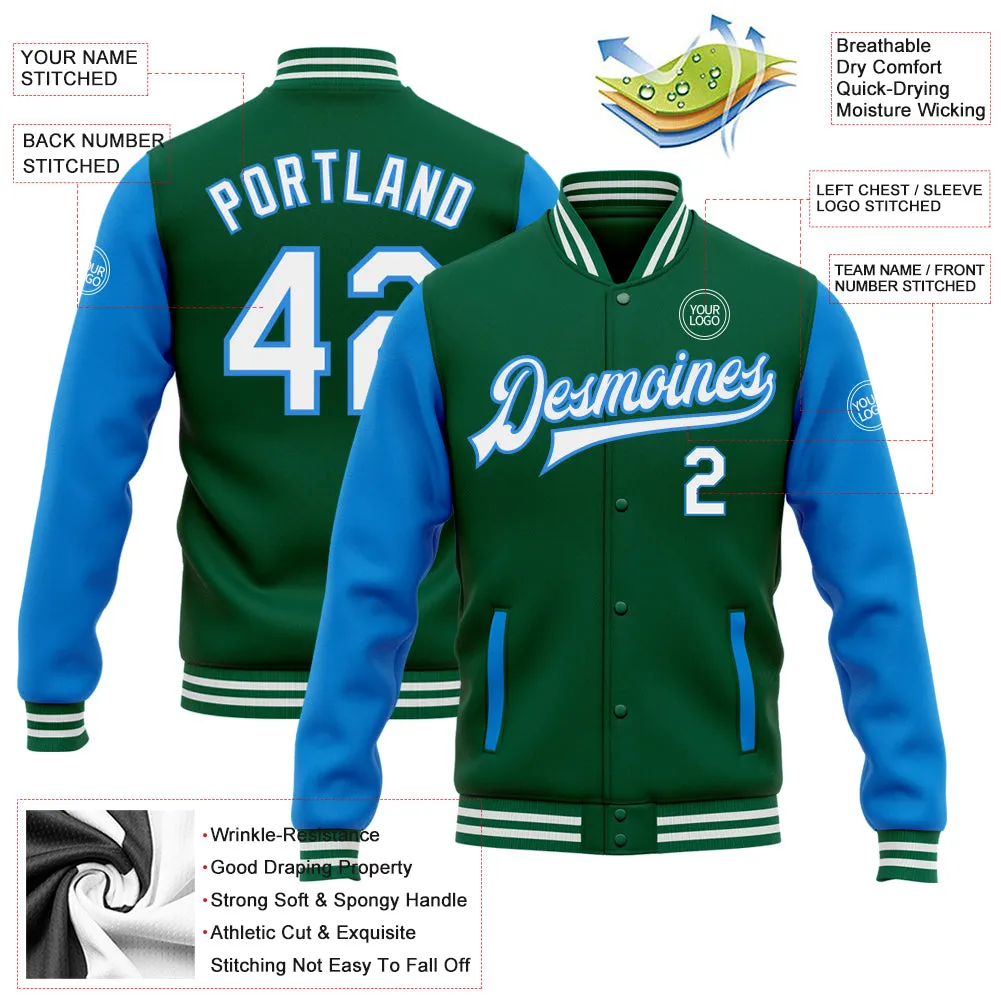 Custom Kelly Green White-Powder Blue Bomber Full-Snap Varsity Letterman Two Tone Jacket