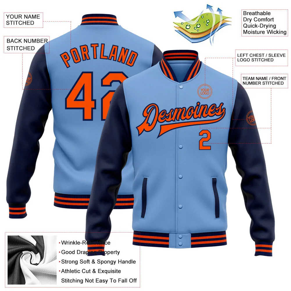 Custom Light Blue Orange-Navy Bomber Full-Snap Varsity Letterman Two Tone Jacket