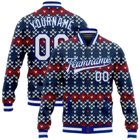 Custom Navy White-Royal Christmas 3D Bomber Full-Snap Varsity Letterman Jacket