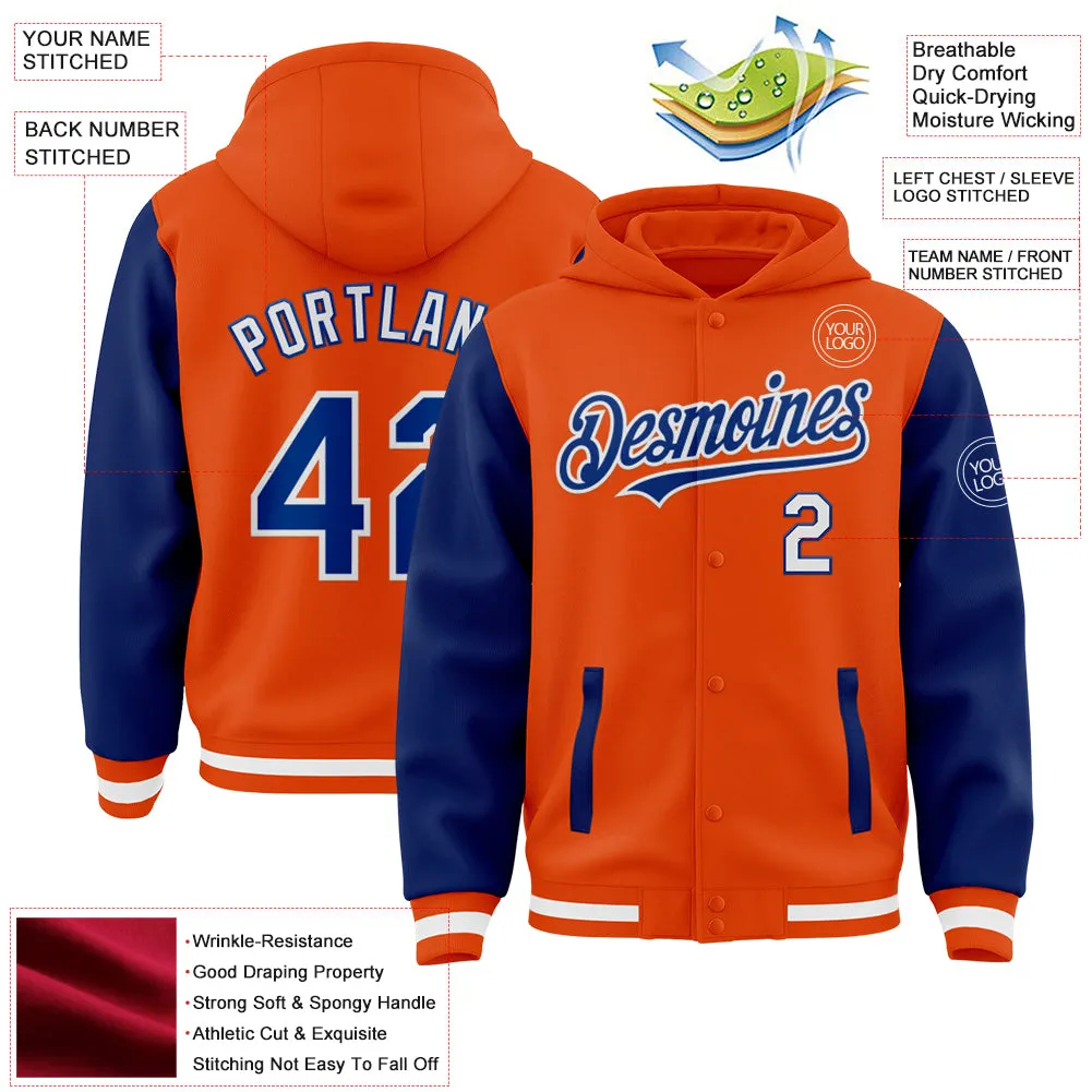 Custom Orange Royal-White Bomber Full-Snap Varsity Letterman Two Tone Hoodie Jacket