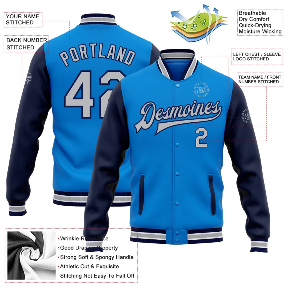 Custom Powder Blue Gray-Navy Bomber Full-Snap Varsity Letterman Two Tone Jacket