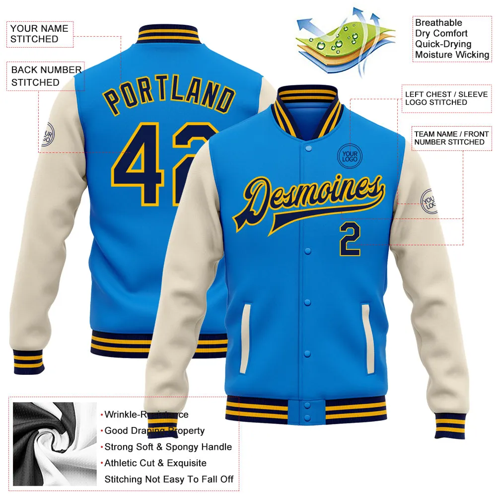 Custom Powder Blue Navy Cream-Gold Bomber Full-Snap Varsity Letterman Two Tone Jacket