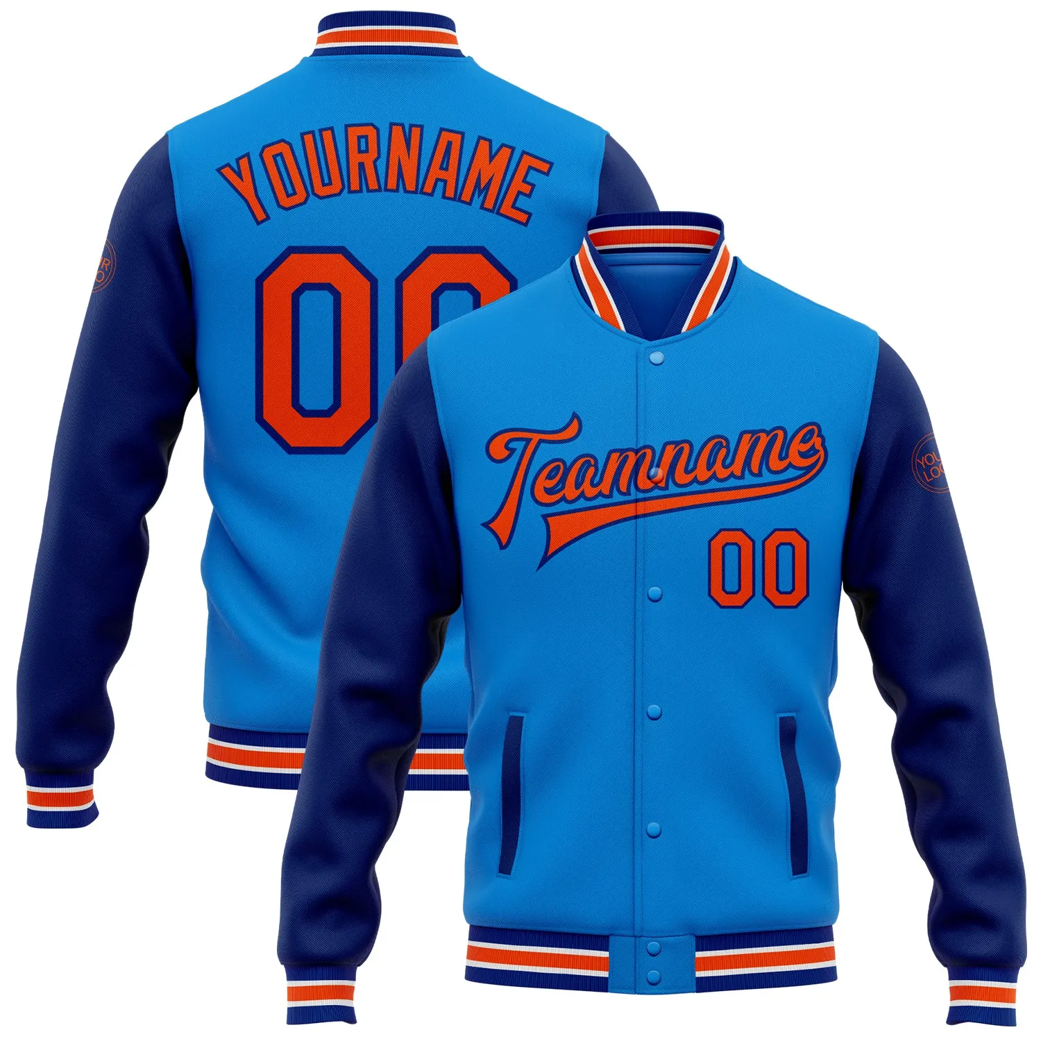 Custom Powder Blue Orange-Royal Bomber Full-Snap Varsity Letterman Two Tone Jacket