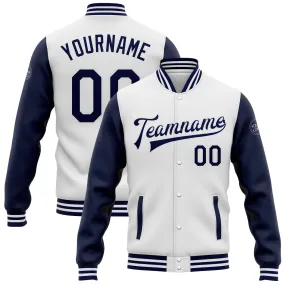 Custom White Navy Bomber Full-Snap Varsity Letterman Two Tone Jacket