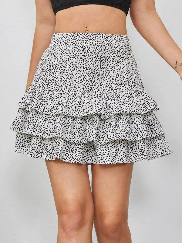 Dalmatian Print Layered Ruffle Skirt