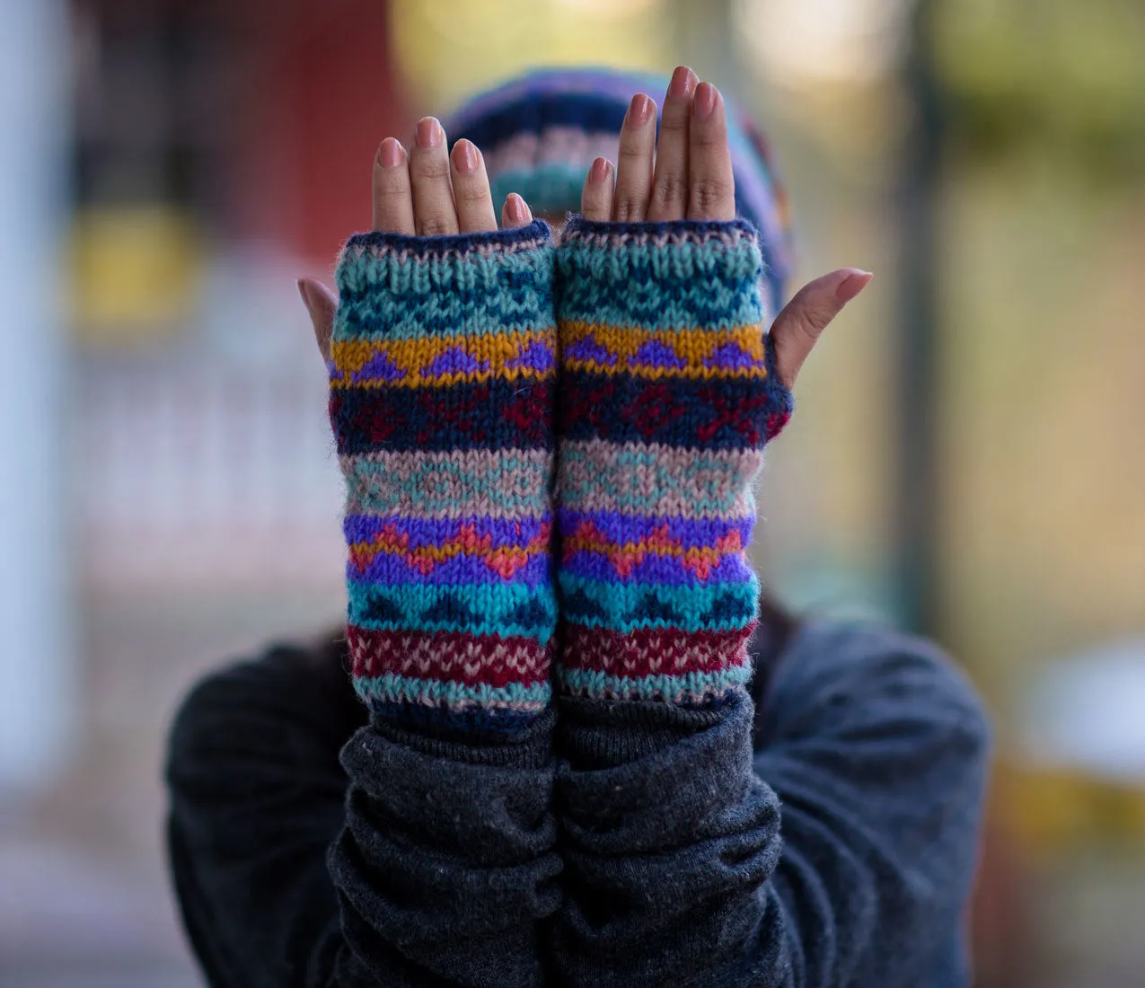 Dark Blue Multicolor Woolen Hand Warmers or Texting Gloves