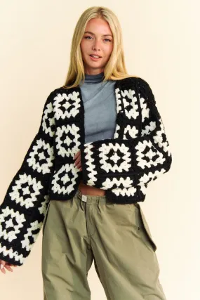 Davi & Dani Women Cardigan Two Tone Flower Square Crochet Open Cable-Knit