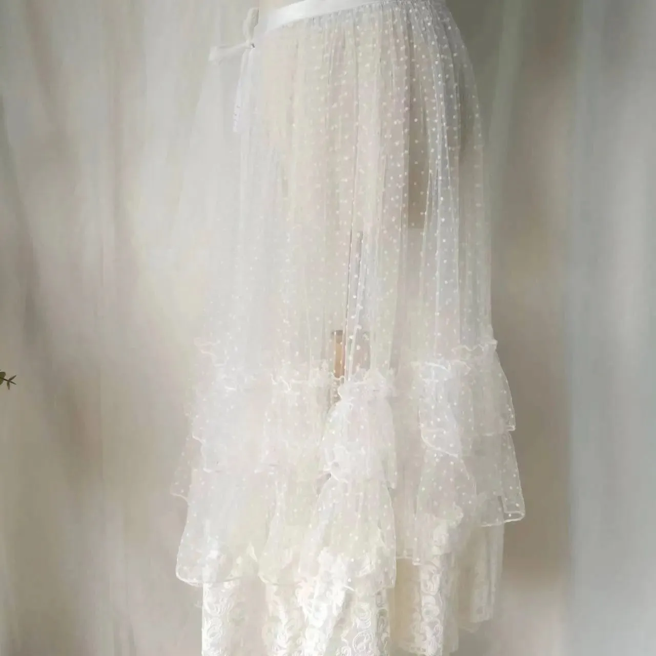 Dotted Lolita Waist Curtain Sheer Mesh Cover Up Skirt