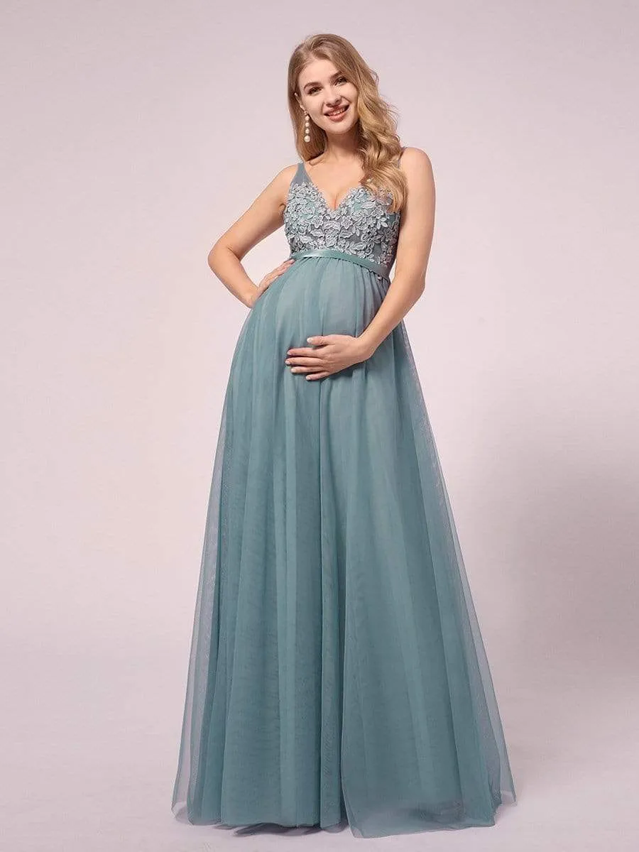 Double V-neck Lace Applique Bodice Maxi Maternity Dress