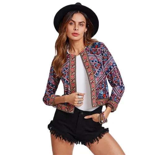 Embroidered Tape Trim Tribal Print Jacket