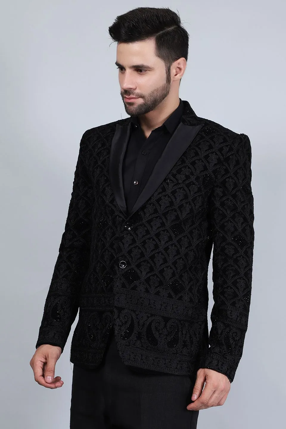 Embroidered Velvet Black Blazer