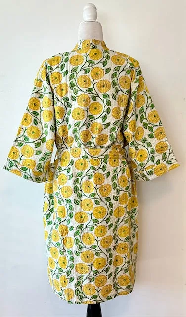 Everyone's Favorite Print.  Crisp Block Printed Short Cotton Kimono (Yellow)