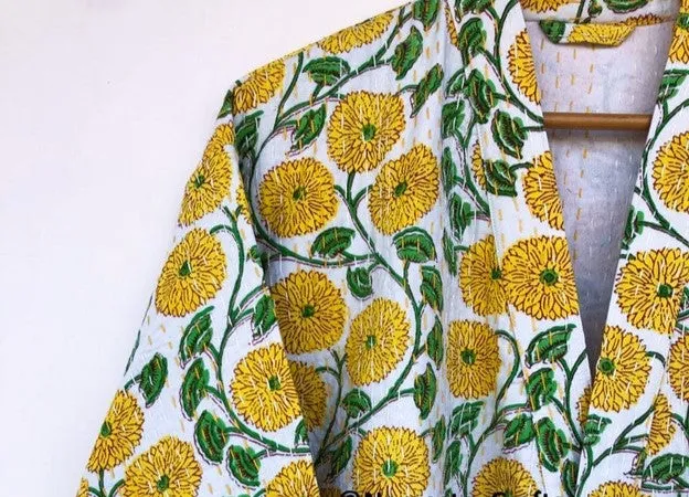 Everyone's Favorite Print.  Crisp Block Printed Short Cotton Kimono (Yellow)