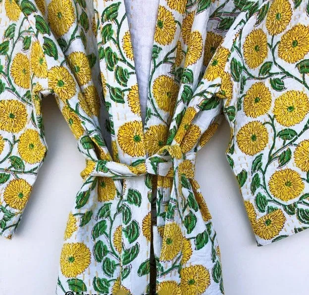 Everyone's Favorite Print.  Crisp Block Printed Short Cotton Kimono (Yellow)