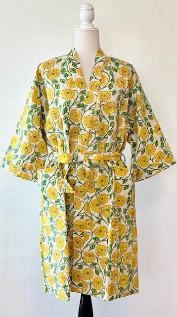 Everyone's Favorite Print.  Crisp Block Printed Short Cotton Kimono (Yellow)