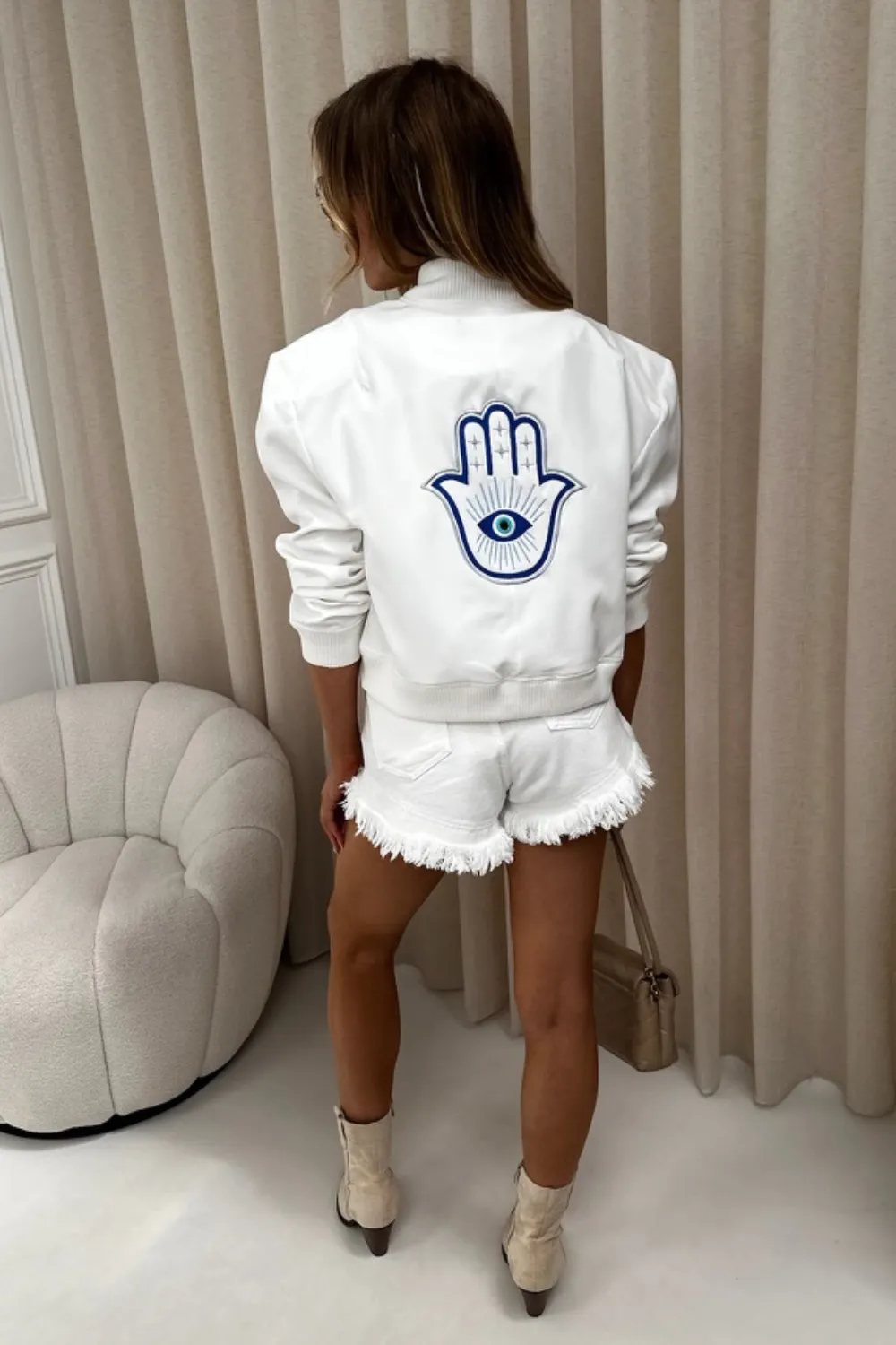 Evil eye white embroidered bomber jacket