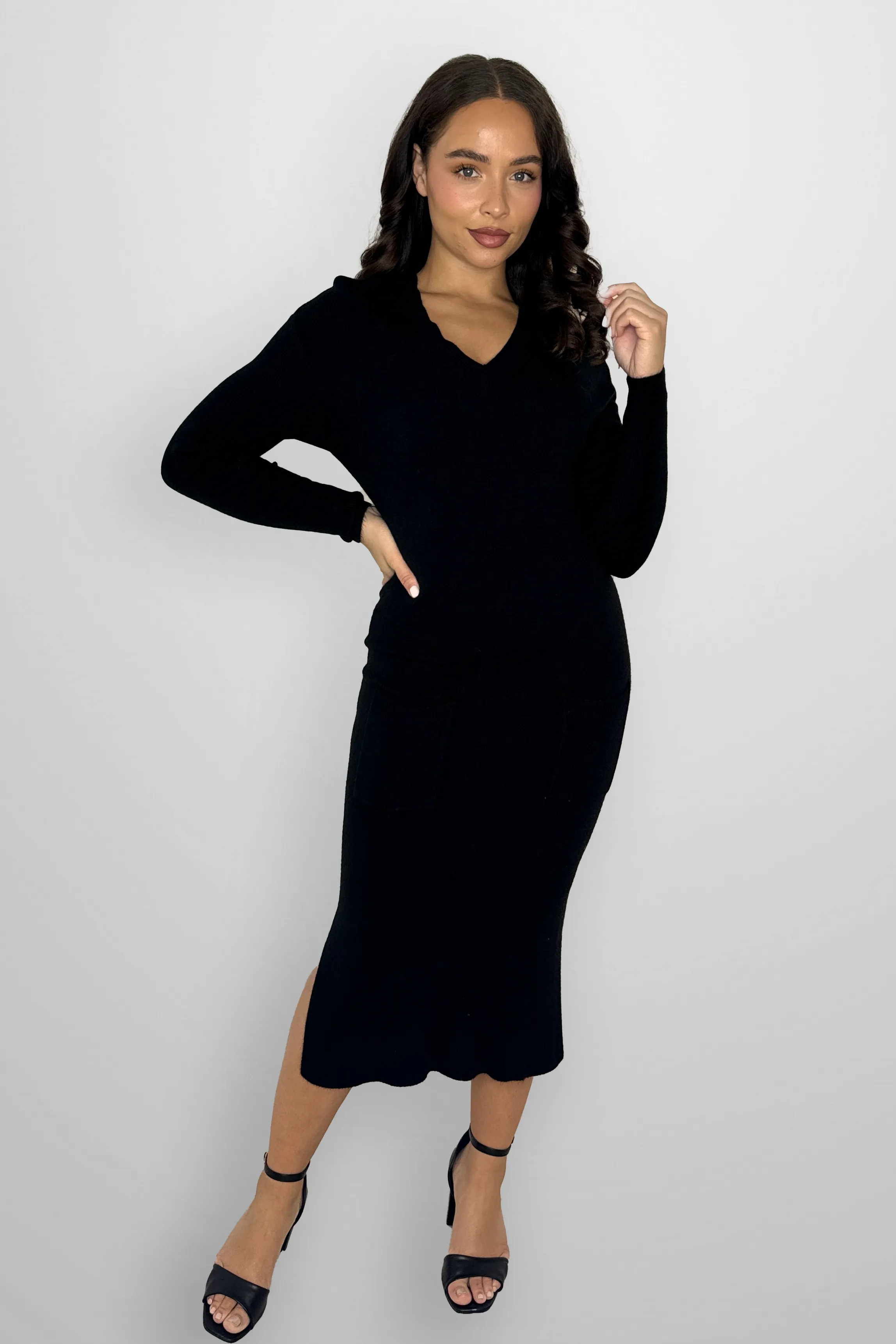 Flat Knit Viscose Blend Long Sleeve A-Line Midi Dress