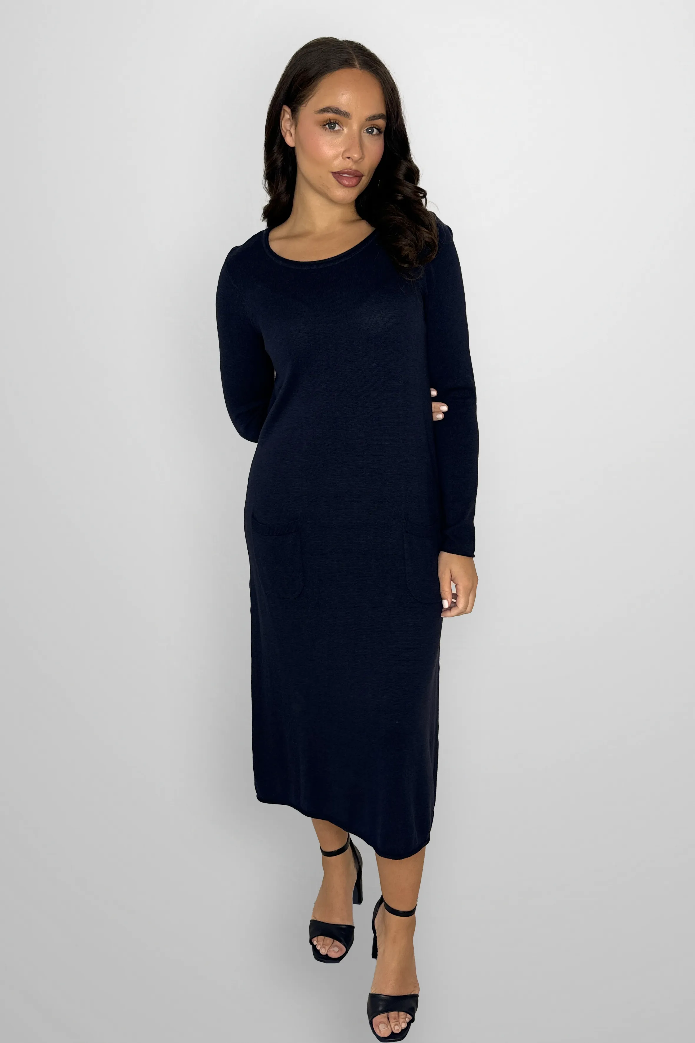 Flat Knit Viscose Blend Long Sleeve A-Line Midi Dress