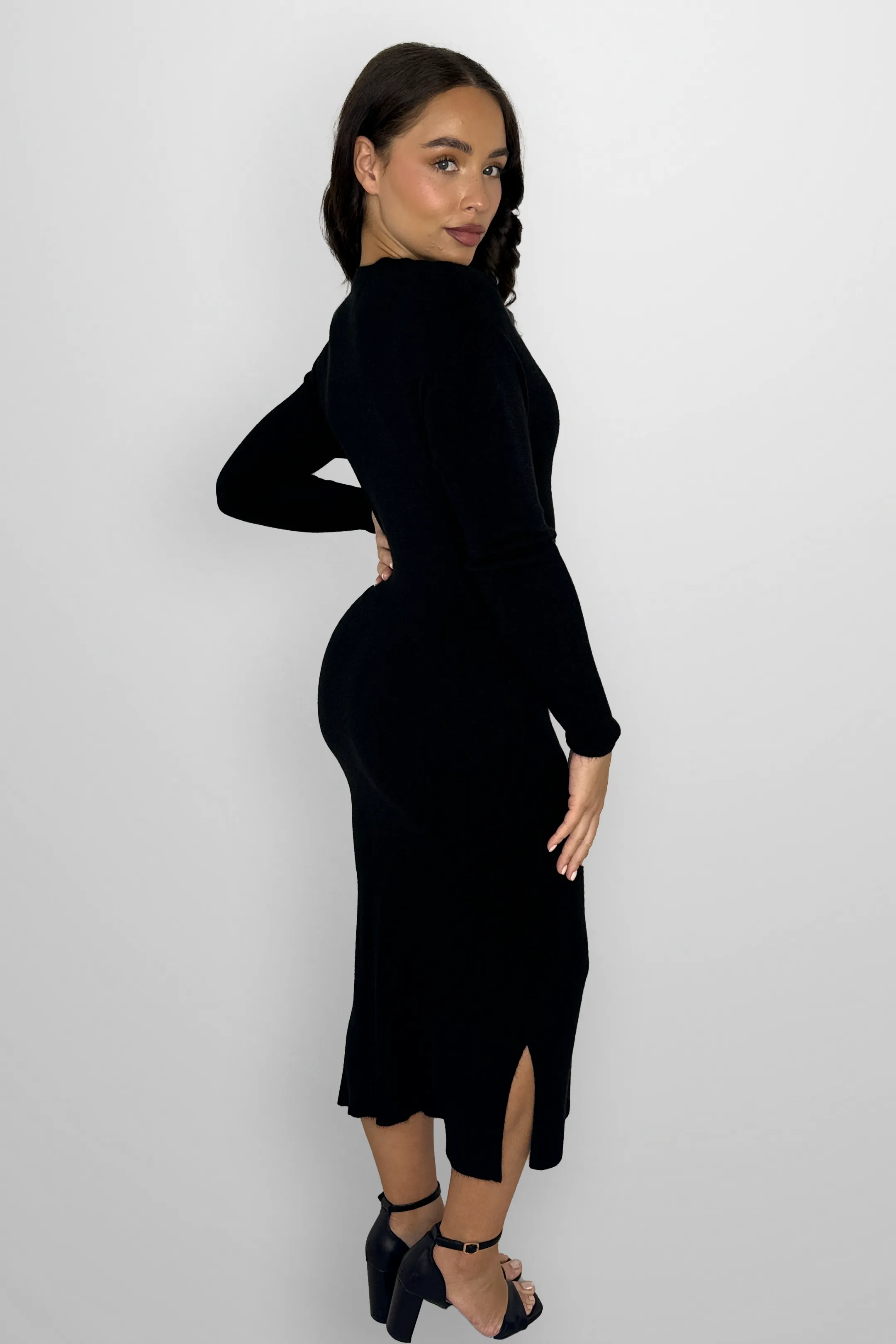 Flat Knit Viscose Blend Long Sleeve A-Line Midi Dress