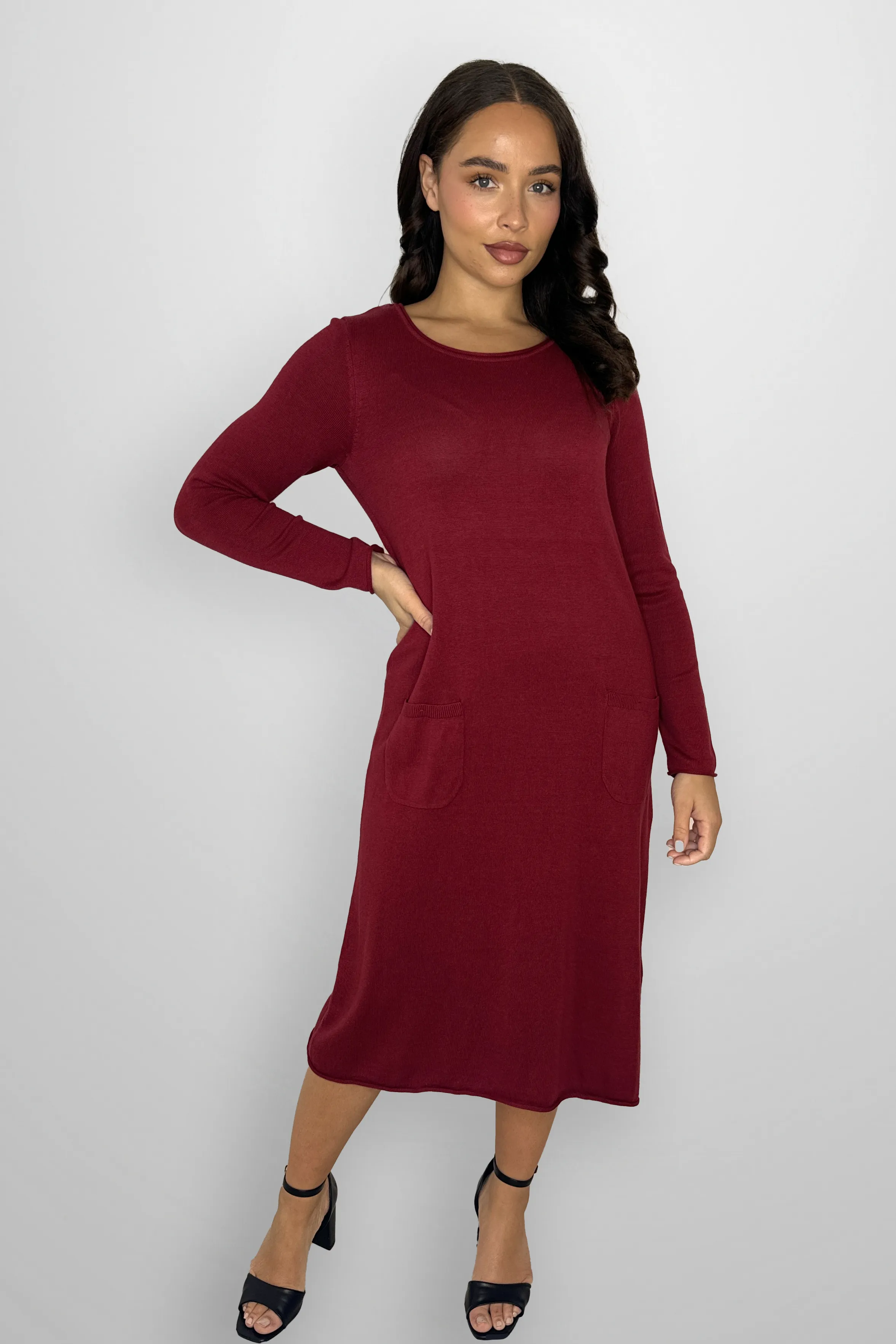 Flat Knit Viscose Blend Long Sleeve A-Line Midi Dress