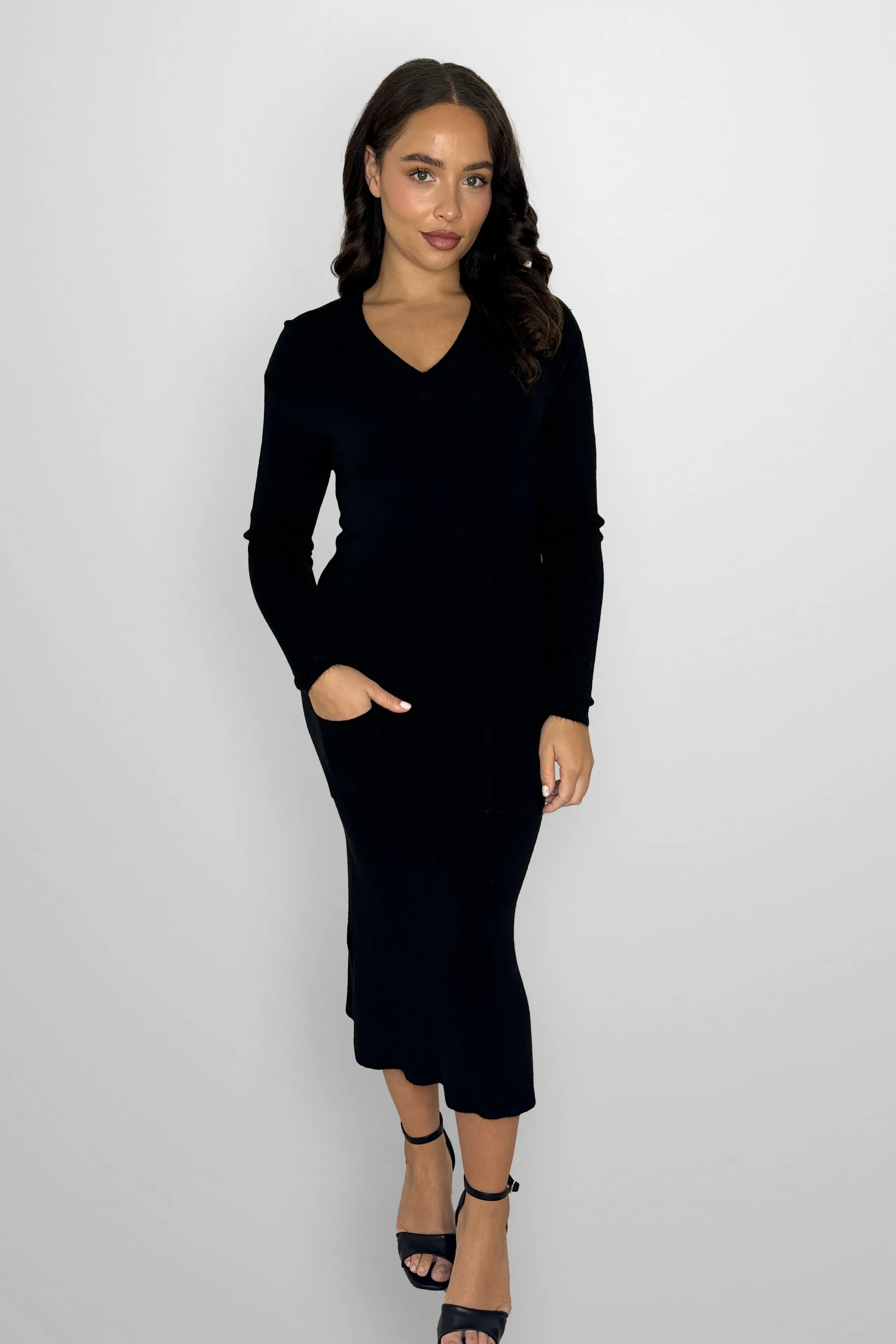 Flat Knit Viscose Blend Long Sleeve A-Line Midi Dress