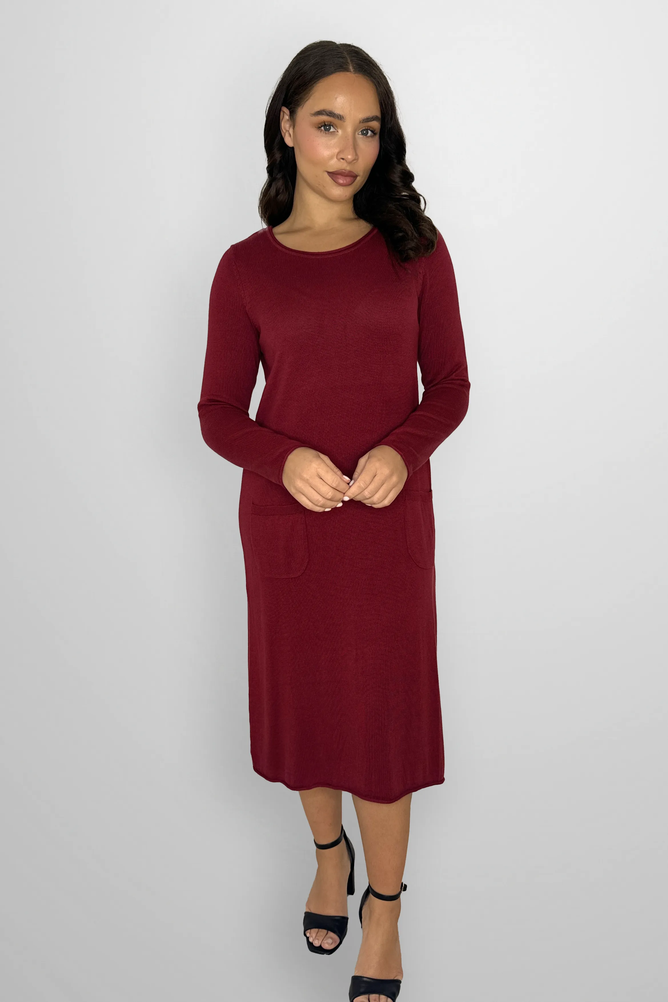 Flat Knit Viscose Blend Long Sleeve A-Line Midi Dress