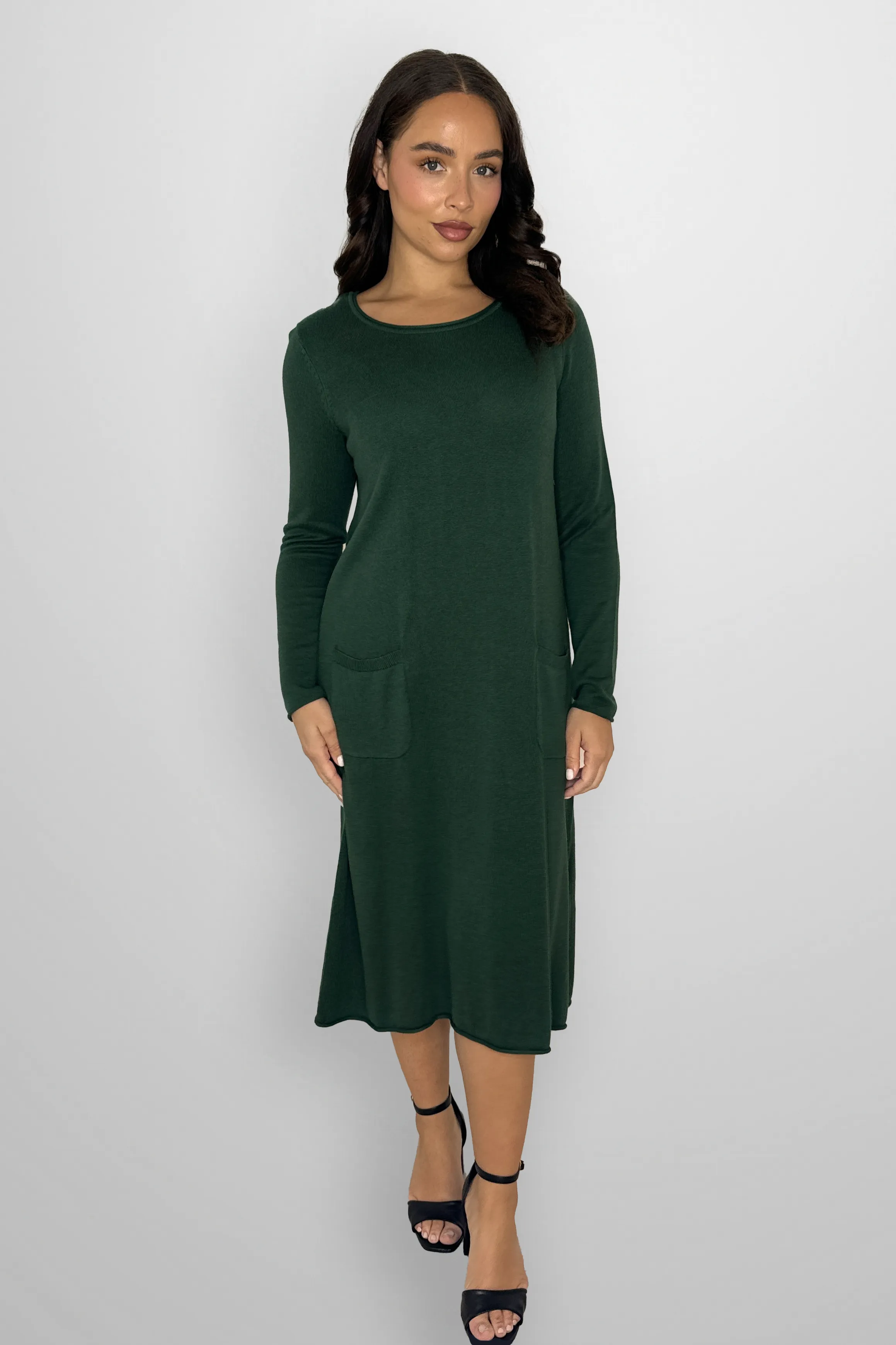 Flat Knit Viscose Blend Long Sleeve A-Line Midi Dress