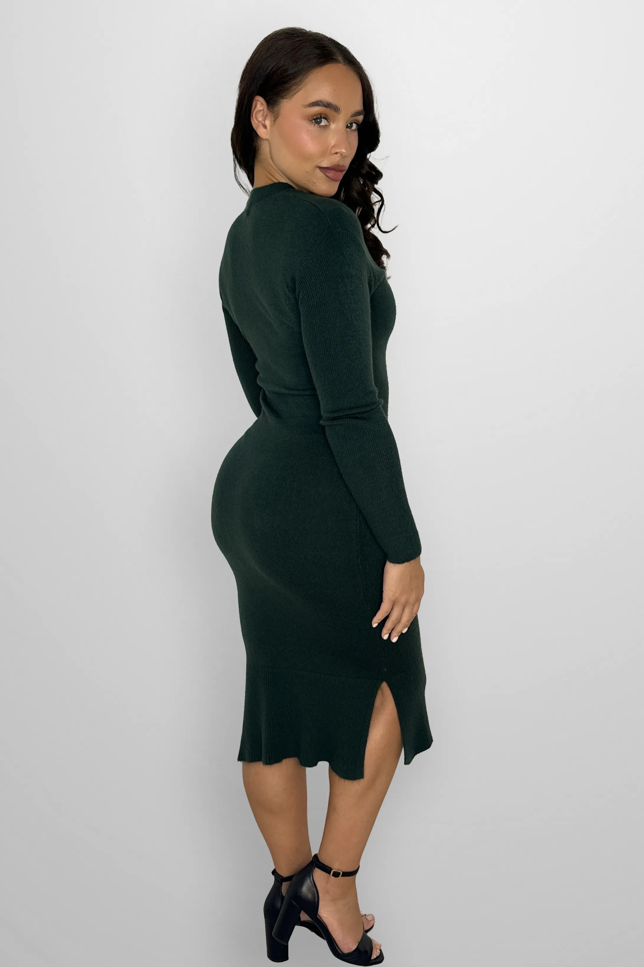 Flat Knit Viscose Blend Long Sleeve A-Line Midi Dress