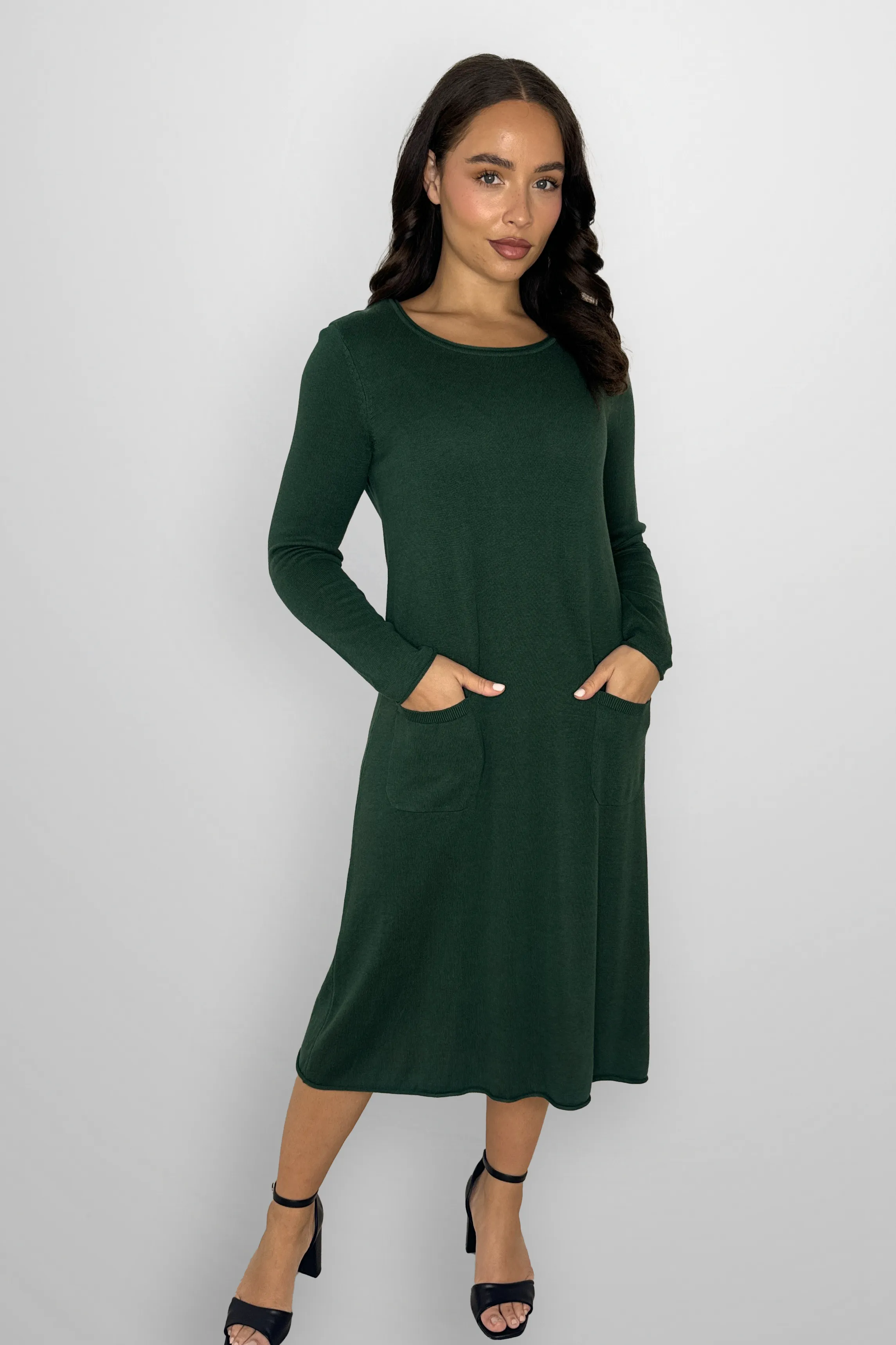 Flat Knit Viscose Blend Long Sleeve A-Line Midi Dress