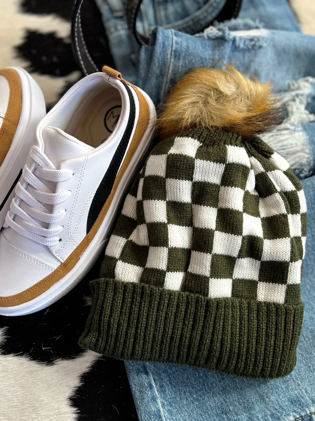 Fleece Lined Green & White Checkered Beanie