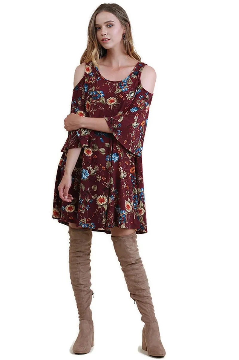 Floral  Cold Shoulder Dress, Burgundy