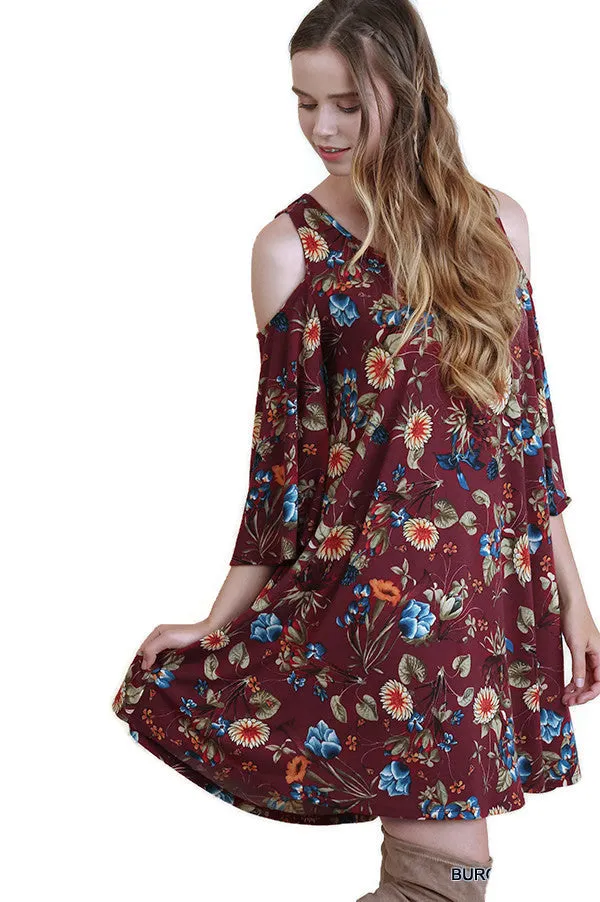 Floral  Cold Shoulder Dress, Burgundy