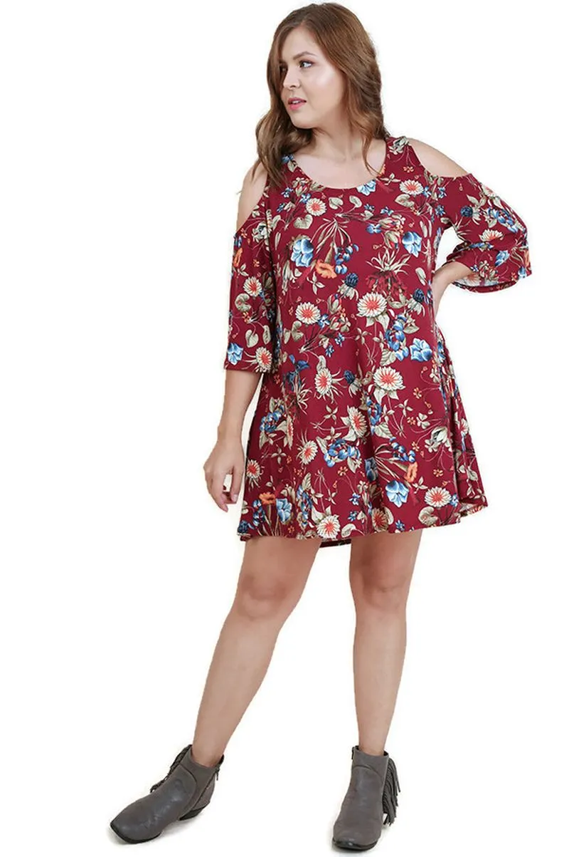 Floral  Cold Shoulder Dress, Burgundy