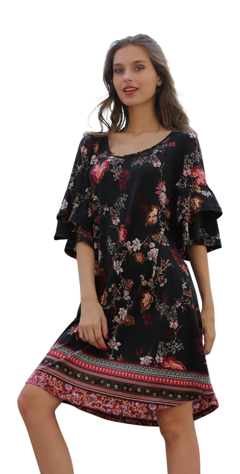 Floral Double Ruffle Sleeve Dress, Black