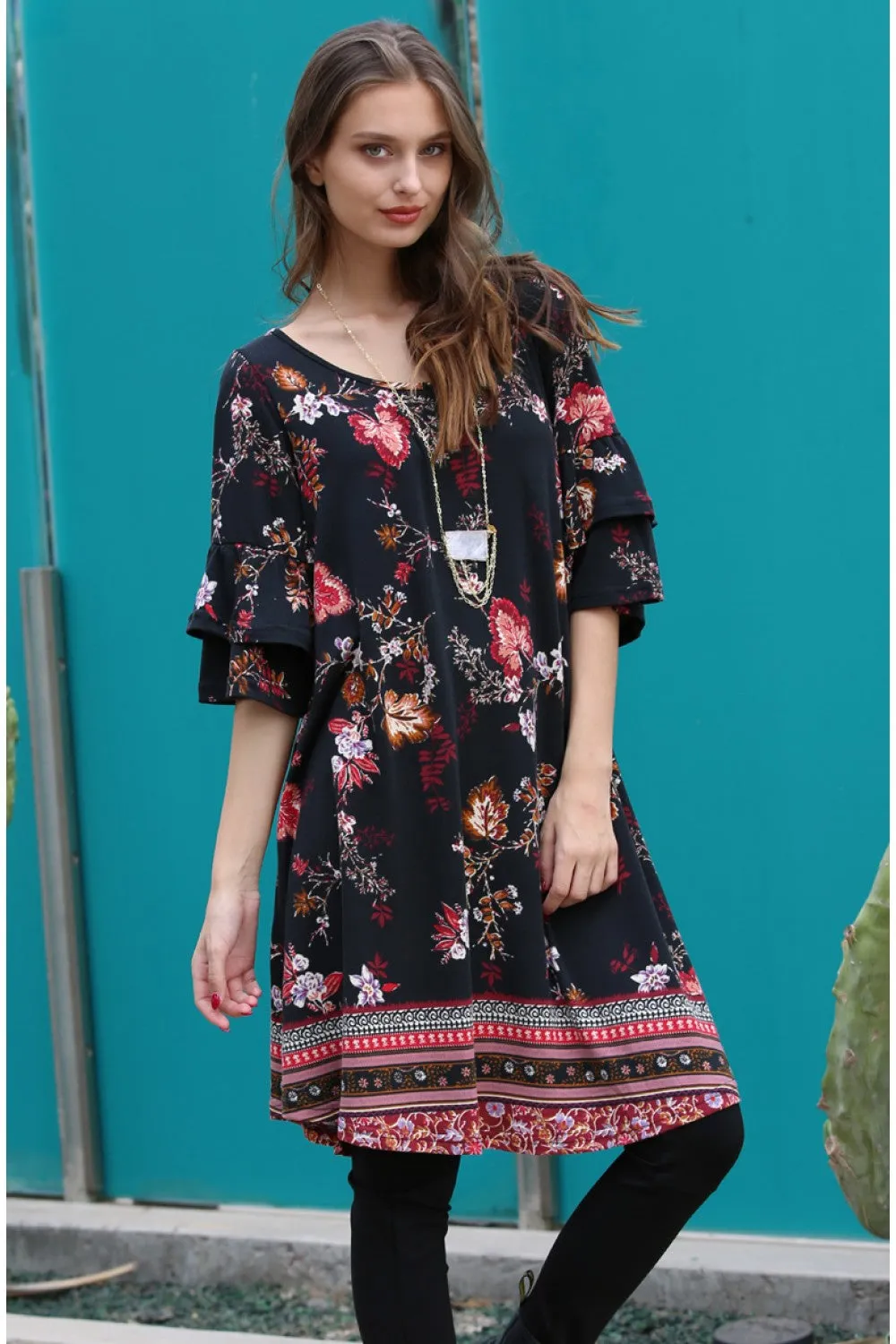 Floral Double Ruffle Sleeve Dress, Black