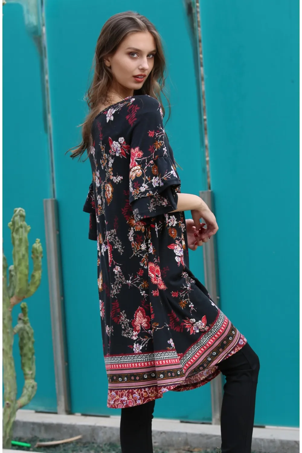 Floral Double Ruffle Sleeve Dress, Black