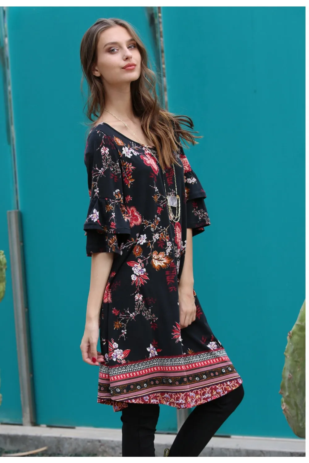 Floral Double Ruffle Sleeve Dress, Black