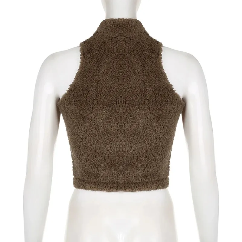 Fluffy Sleeveless Faux Fur Jacket Short Brown Vintage Fashion Y2K Bodycon Vest Jacket Zip-Up Coat Autumn Warm Outwear