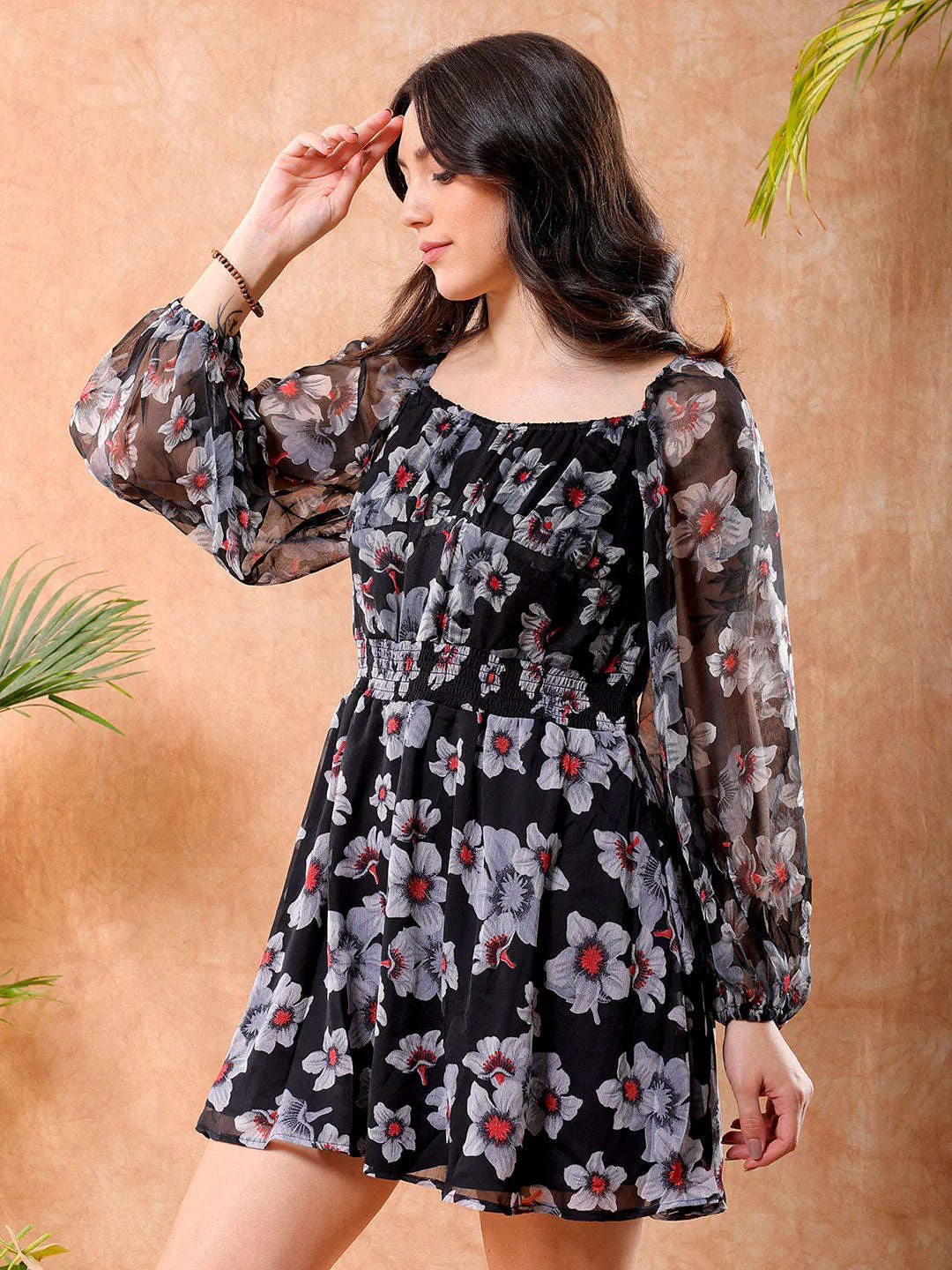 Freehand Women Black Fit and Flare Floral Scoop Neck Mini Dress