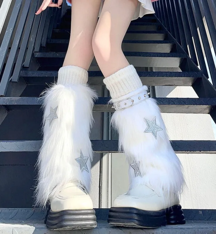 Fuzzy White Star Fur Leg Warmers