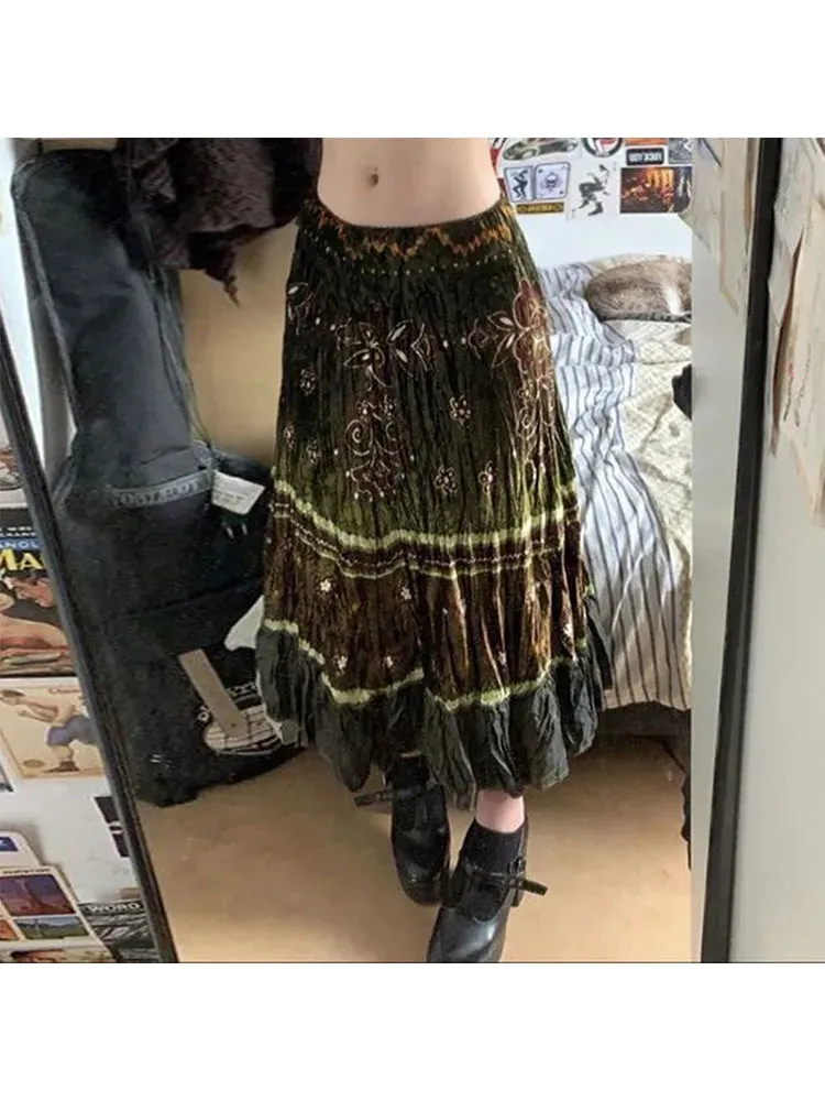 Girlary Woman Maillard Maxi Dark Academia Skirt Aesthetics Pleated Gyaru Skirt Mori Girl A-line Elegant Patchwork Skirt Floral Mesh Lace